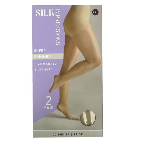 Silk Impressions Womens Sheer Shimmer Pantyhose XXL Beige High Waist 20 Denier - Picture 2 of 11